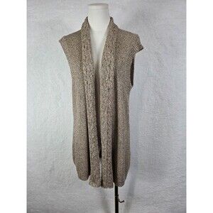 Chicos Sweater Vest Womens L Gold Tan Metallic Open Front Cable Knit Cardigan